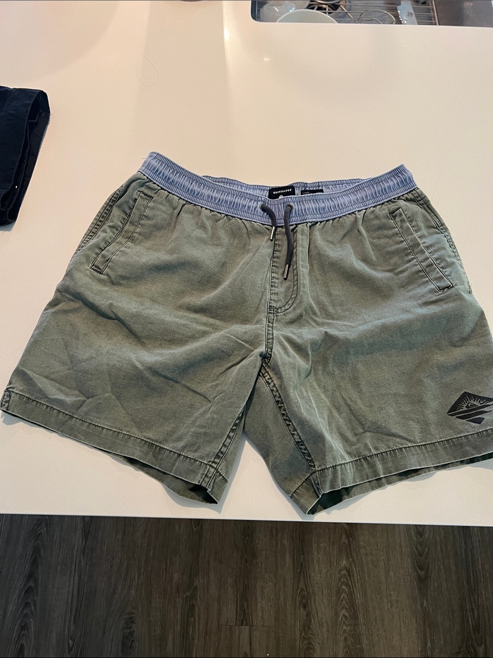 Quiksilver Olive Green Swim Board Shorts with Light Blue Waistband